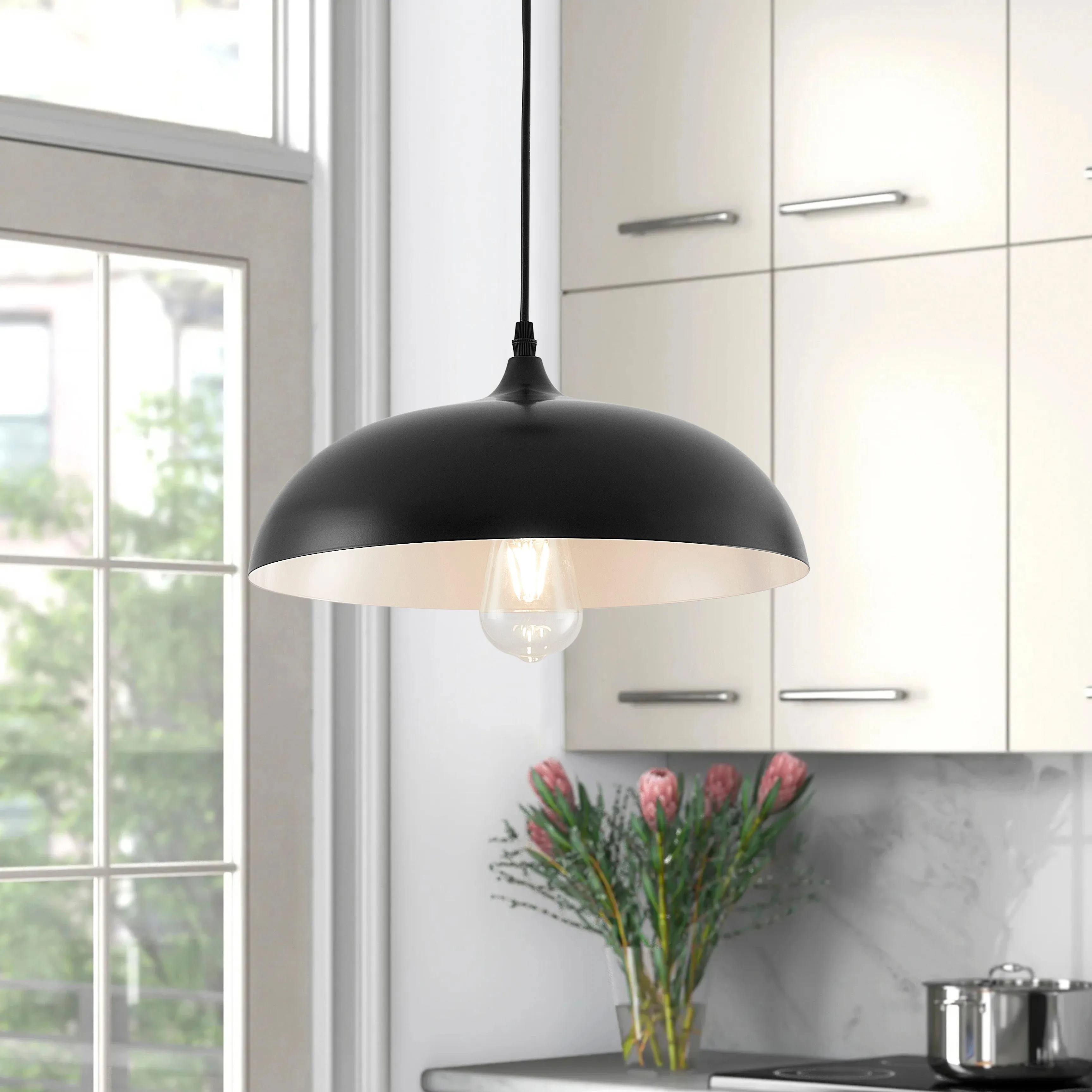 1-Light Height Adjustable Black Finish Dome Pendant Lighting