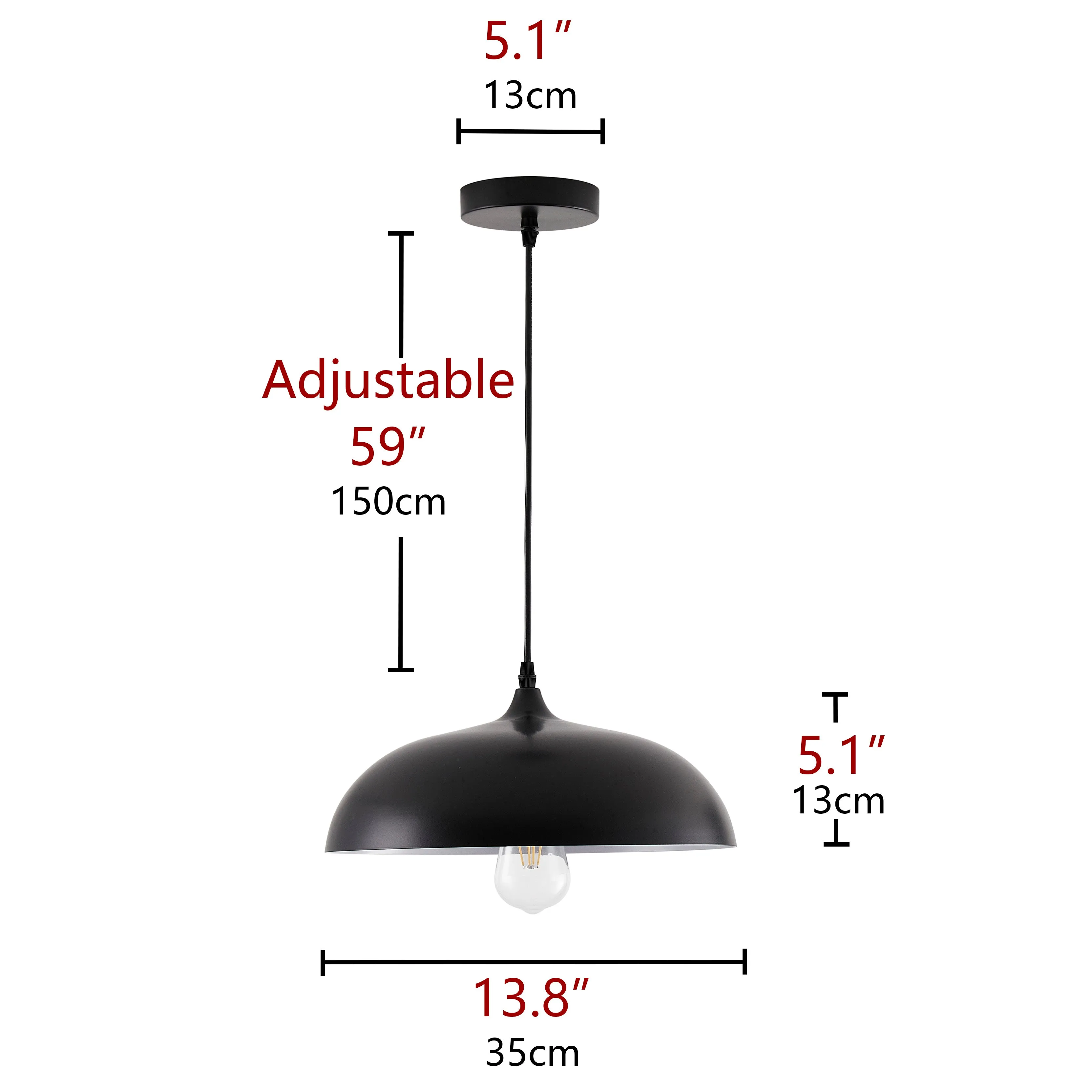 1-Light Height Adjustable Black Finish Dome Pendant Lighting