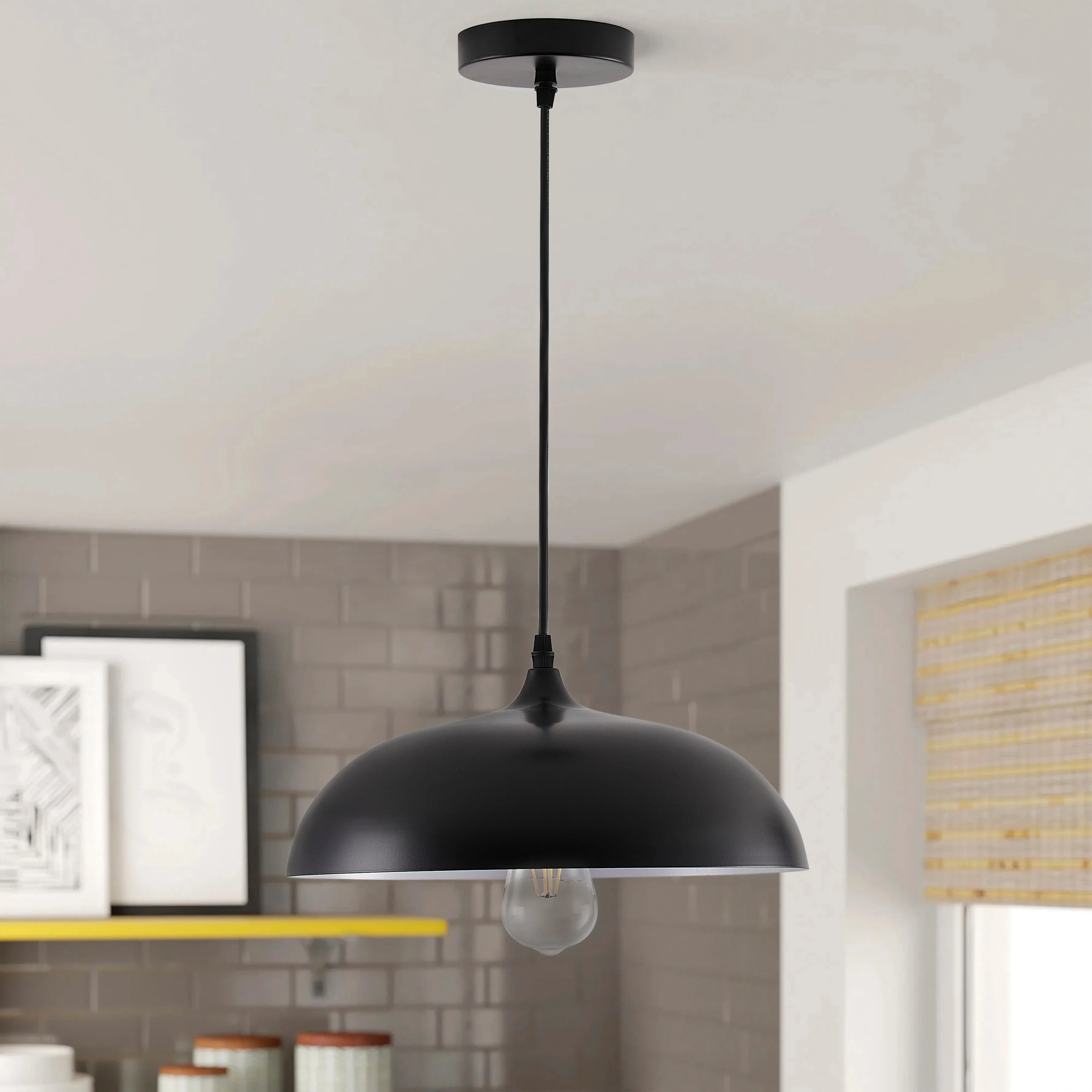 1-Light Height Adjustable Black Finish Dome Pendant Lighting