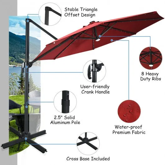 10 Ft Patio Offset Cantilever Umbrella with Solar Lights-Wine