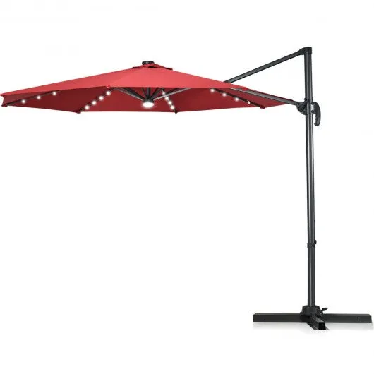 10 Ft Patio Offset Cantilever Umbrella with Solar Lights-Wine