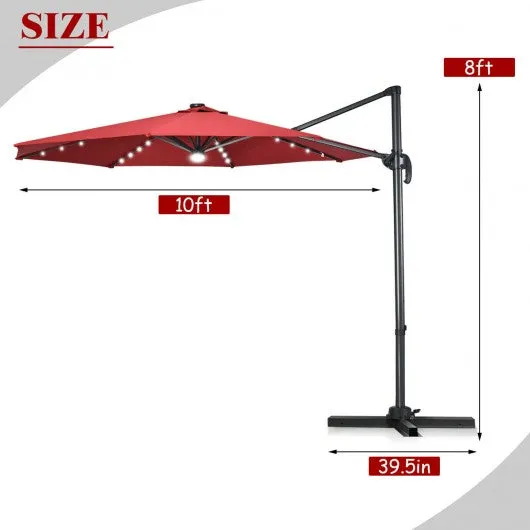 10 Ft Patio Offset Cantilever Umbrella with Solar Lights-Wine