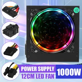 1000W Adjustable Power Supply 80 Plus Computer RGB LED Fan PSU PFC 24pin