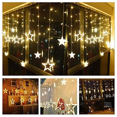 12 Stars 138 Led Curtain String Lights Window Curtain Lights with 8 Flashing Modes Decoration for Christmas, Wedding, Party, Home, Patio Lawn Warm White (138 Led-Star, Copper, Pack of 1)