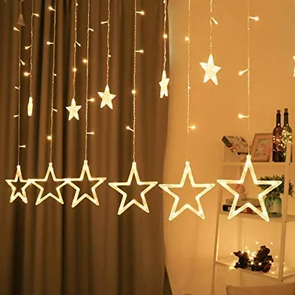 12 Stars 138 Led Curtain String Lights Window Curtain Lights with 8 Flashing Modes Decoration for Christmas, Wedding, Party, Home, Patio Lawn Warm White (138 Led-Star, Copper, Pack of 1)