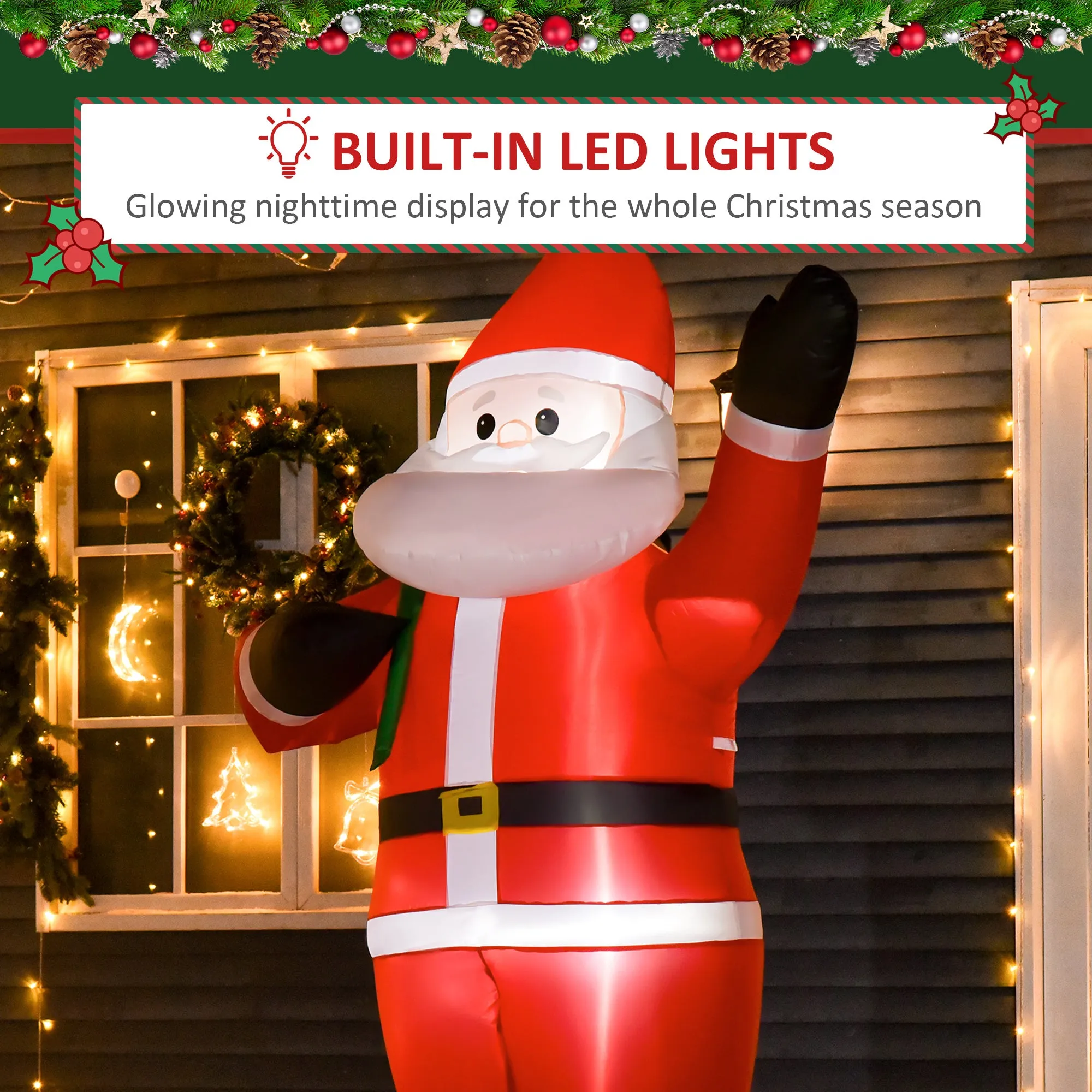 2.4m Christmas Inflatable Santa Holiday Yard Decoration with LED Lights, Indoor Outdoor Lawn Blow Up Decor