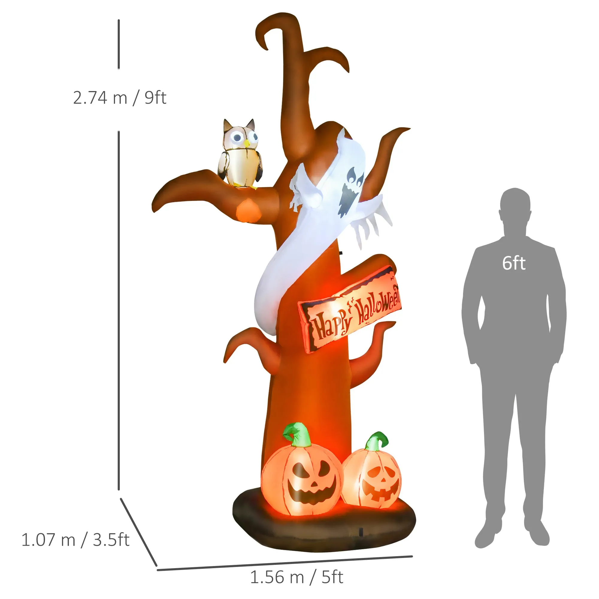 2.7m Halloween Inflatable Tree with Ghost and Pumpkin, LED Lighted for Home Indoor Outdoor