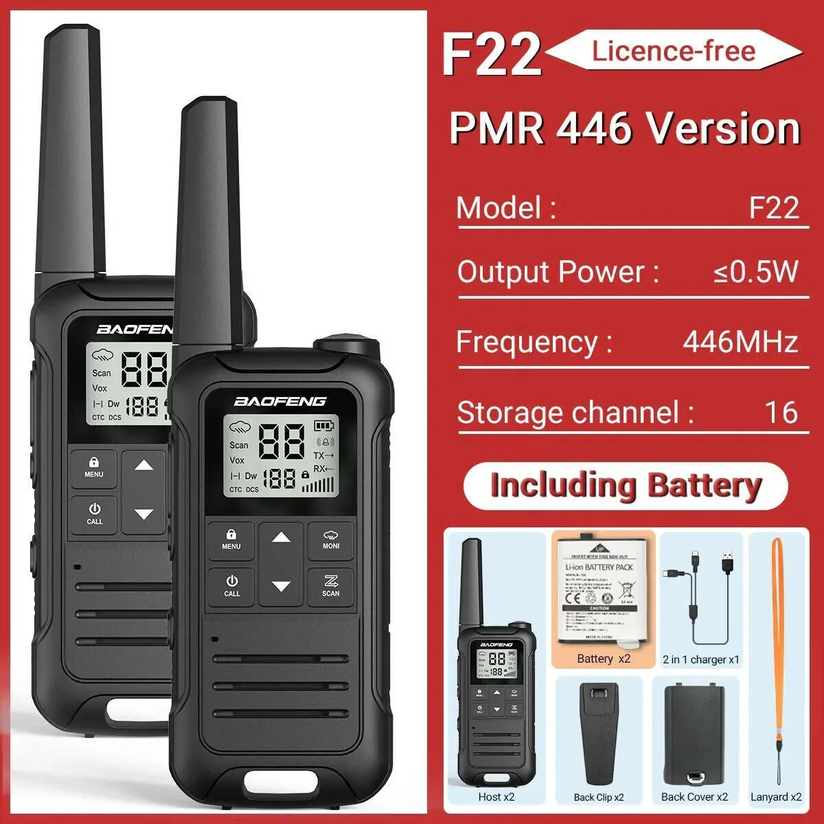 2pcs Baofeng F22 Mini Walkie Talkie PMR446 FRS Long Range Portable Two-way Radio LCD Display Type-C Charger for Hunting