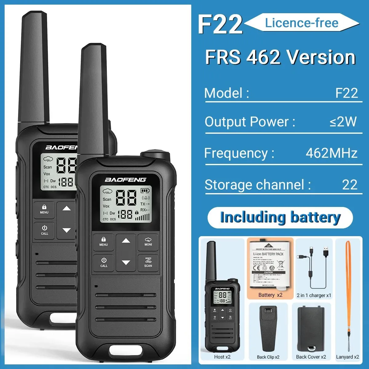 2pcs Baofeng F22 Mini Walkie Talkie PMR446 FRS Long Range Portable Two-way Radio LCD Display Type-C Charger for Hunting