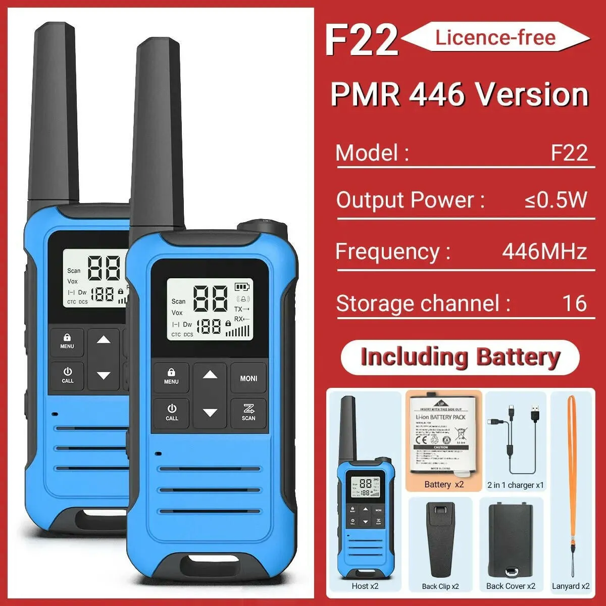 2pcs Baofeng F22 Mini Walkie Talkie PMR446 FRS Long Range Portable Two-way Radio LCD Display Type-C Charger for Hunting