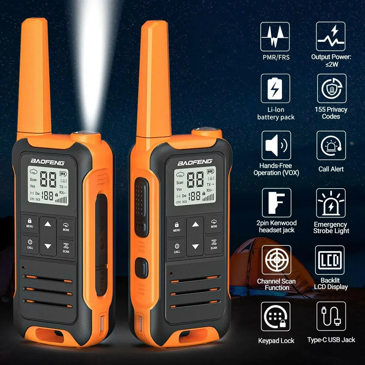 2pcs Baofeng F22 Mini Walkie Talkie PMR446 FRS Long Range Portable Two-way Radio LCD Display Type-C Charger for Hunting