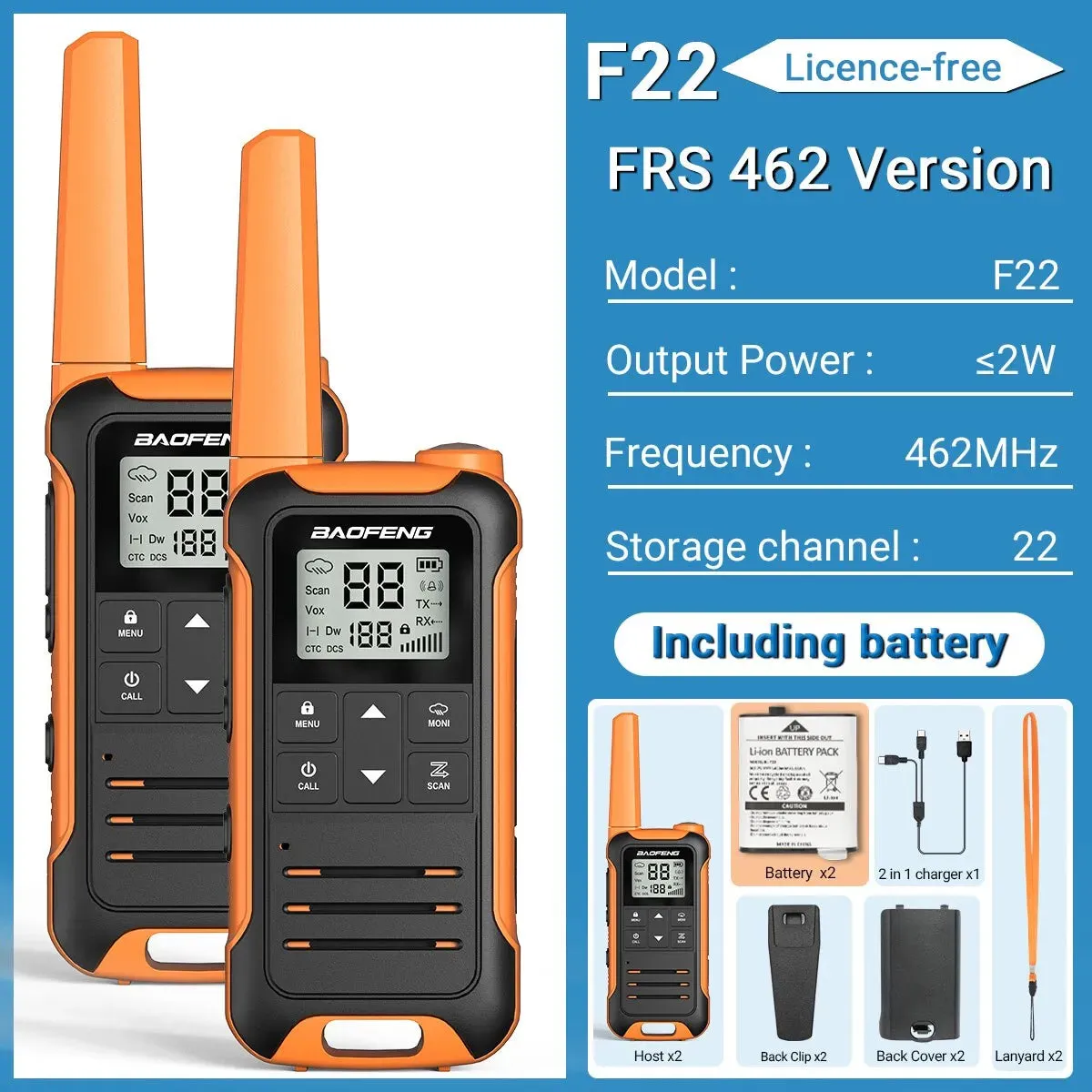 2pcs Baofeng F22 Mini Walkie Talkie PMR446 FRS Long Range Portable Two-way Radio LCD Display Type-C Charger for Hunting