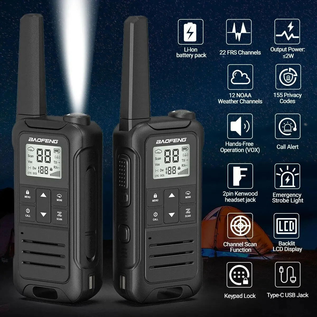 2pcs Baofeng F22 Mini Walkie Talkie PMR446 FRS Long Range Portable Two-way Radio LCD Display Type-C Charger for Hunting