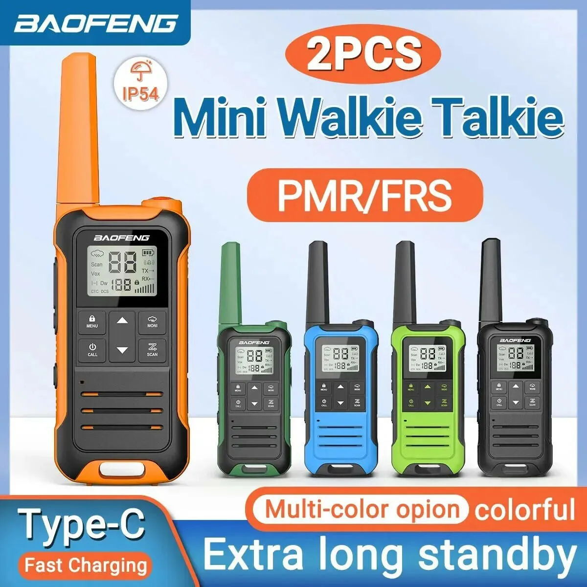 2pcs Baofeng F22 Mini Walkie Talkie PMR446 FRS Long Range Portable Two-way Radio LCD Display Type-C Charger for Hunting