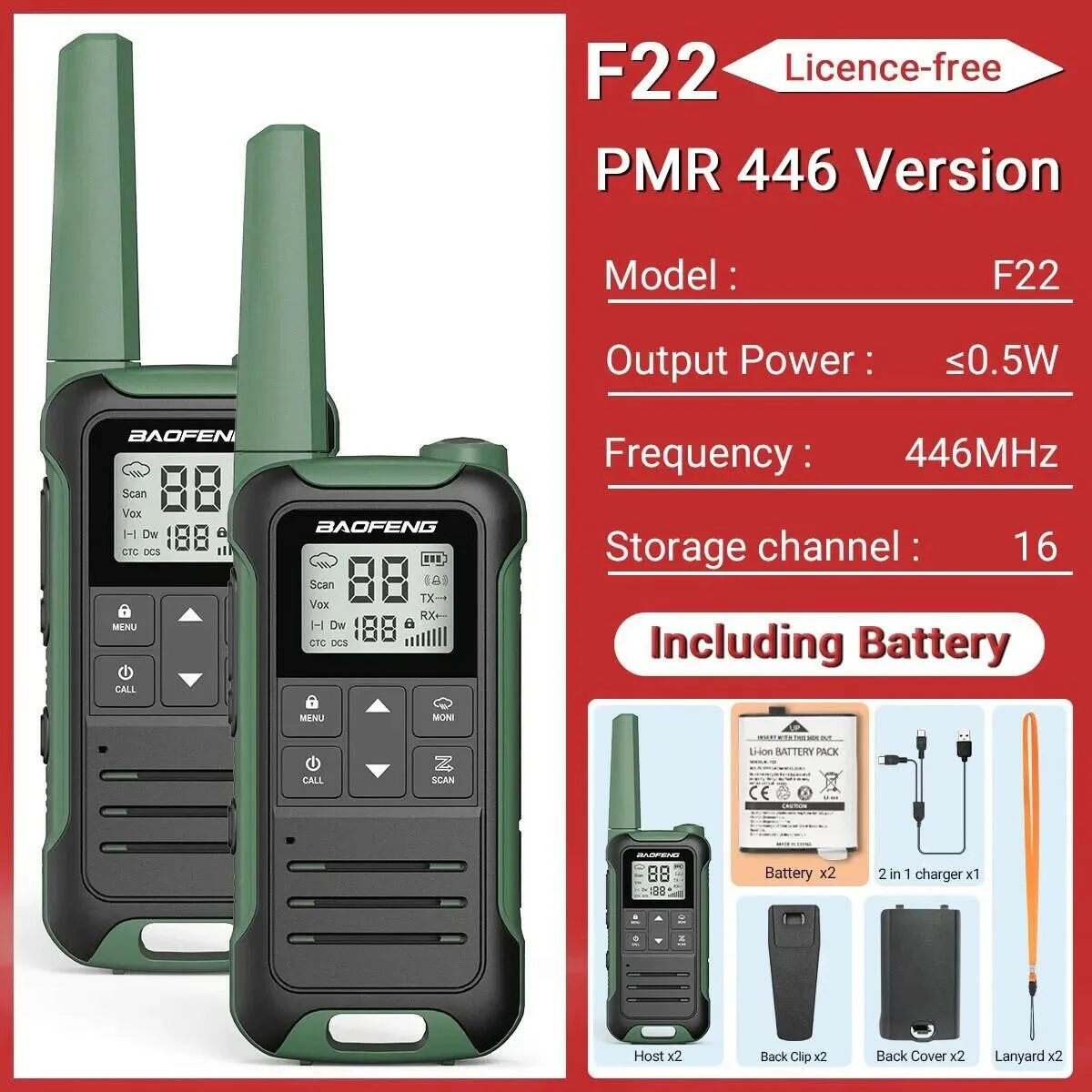 2pcs Baofeng F22 Mini Walkie Talkie PMR446 FRS Long Range Portable Two-way Radio LCD Display Type-C Charger for Hunting