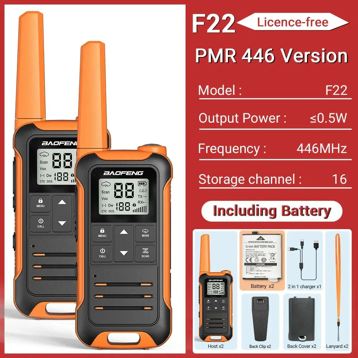 2pcs Baofeng F22 Mini Walkie Talkie PMR446 FRS Long Range Portable Two-way Radio LCD Display Type-C Charger for Hunting