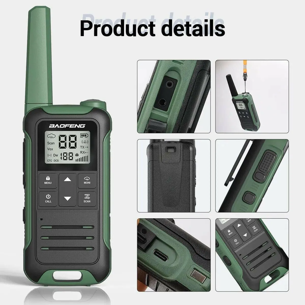 2pcs Baofeng F22 Mini Walkie Talkie PMR446 FRS Long Range Portable Two-way Radio LCD Display Type-C Charger for Hunting