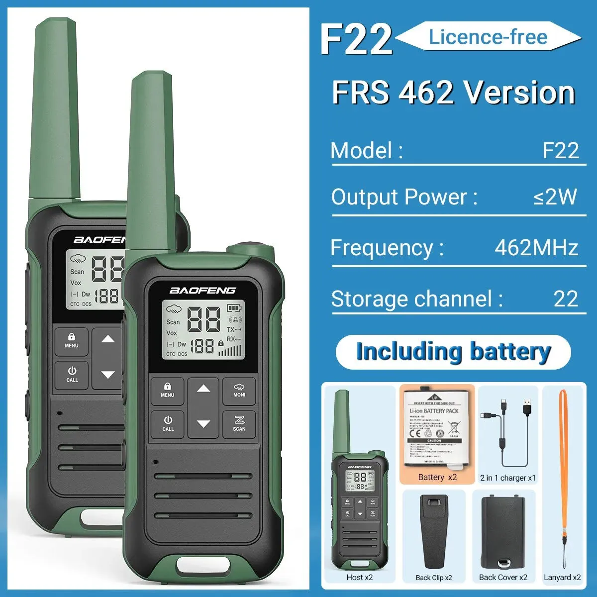 2pcs Baofeng F22 Mini Walkie Talkie PMR446 FRS Long Range Portable Two-way Radio LCD Display Type-C Charger for Hunting