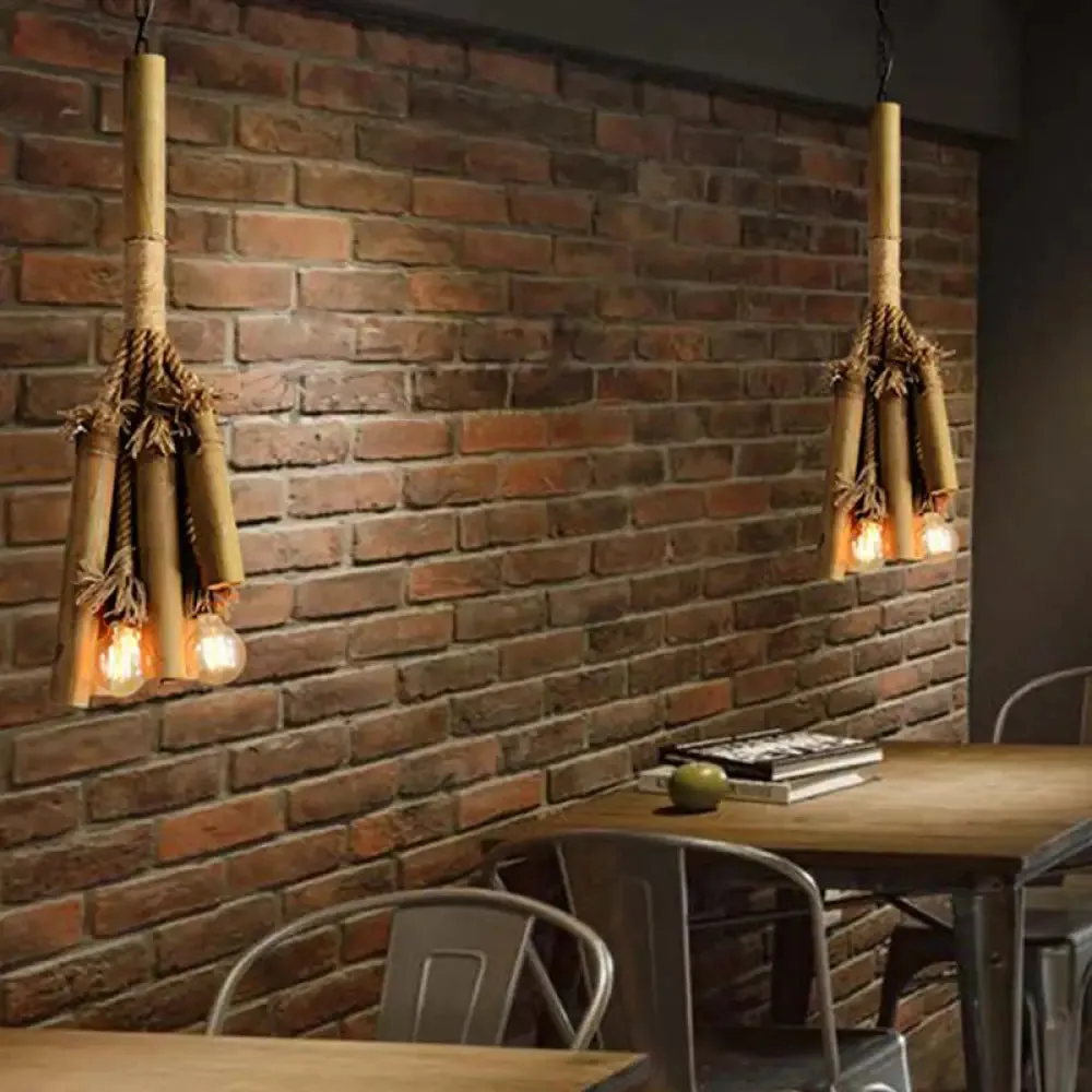 3-Head Bamboo Pendant Chandelier with Tubular Rope Design for Restaurants and Warehouses - Brown with Open Bulb Fixture