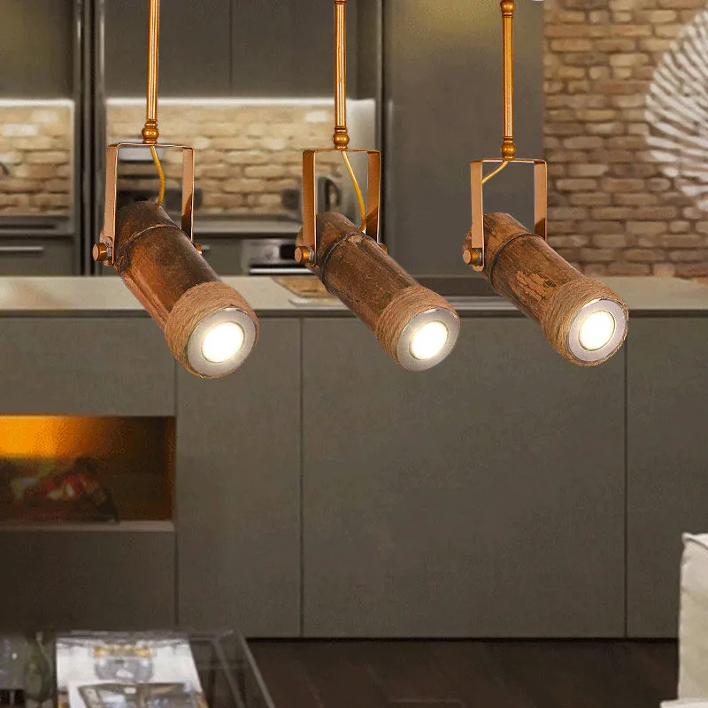 3/6 Bulbs Bamboo Tube Island Pendant - Brown Iron Suspension Lighting with Hemp Rope