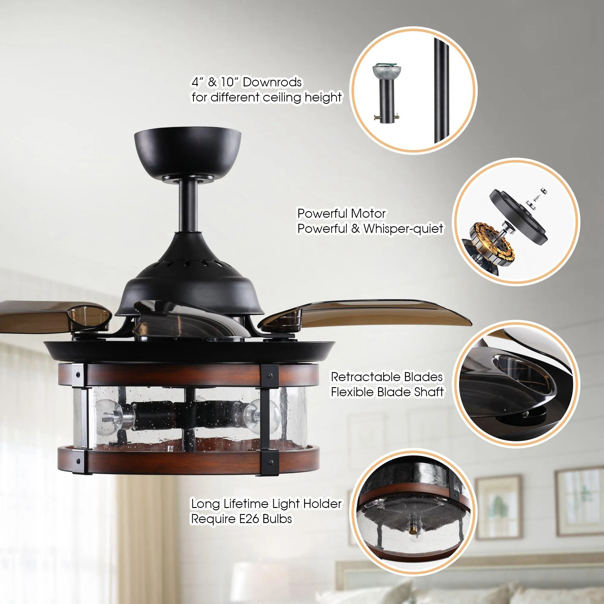 36" Caselli Industrial Downrod Mount Ceiling Fan with Lighting and Remote Control