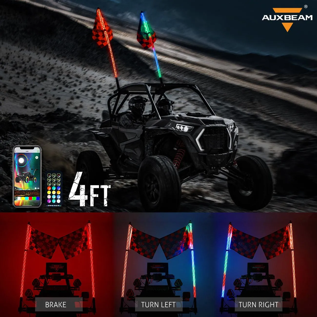 3FT/4FT LED RGB Whip Lights & Rear Pillar Flagpole Light Brackets Combo for Can-Am Maverick X3 2017 2018 2019 2020 2021