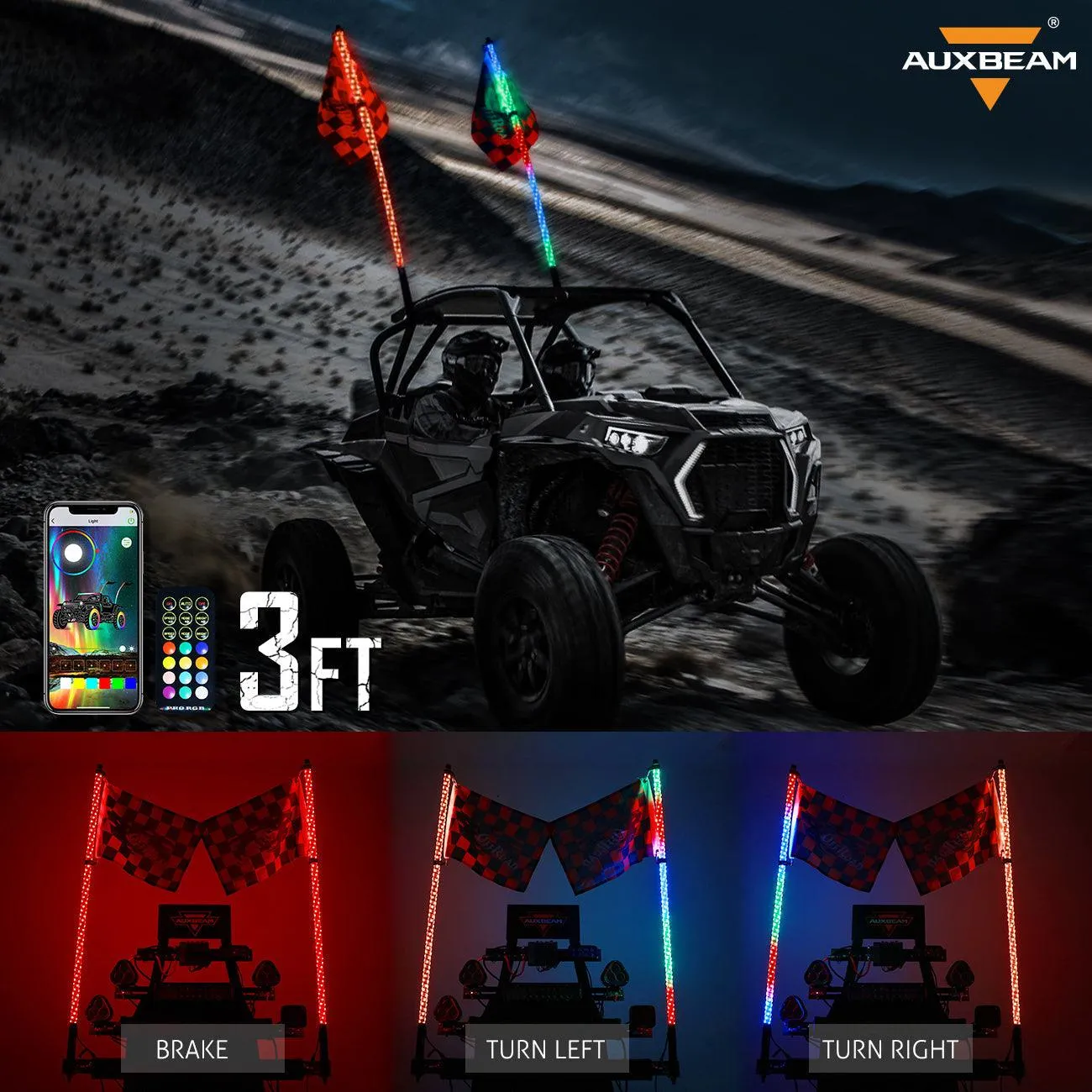 3FT/4FT LED RGB Whip Lights & Rear Pillar Flagpole Light Brackets Combo for Polaris RZR