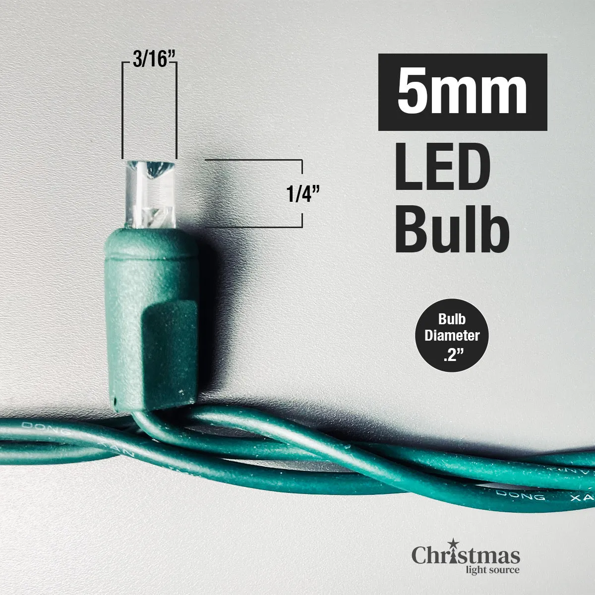 50-light  5mm Green LED Christmas Lights, 4" Spacing White Wire