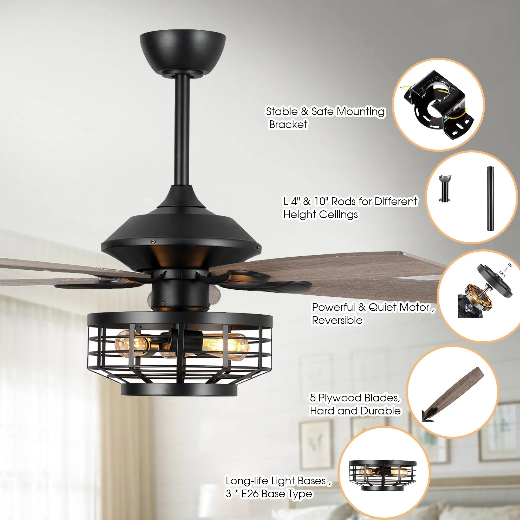 52" Paquette Industrial Downrod Mount Reversible Ceiling Fan with Lighting and Remote Control