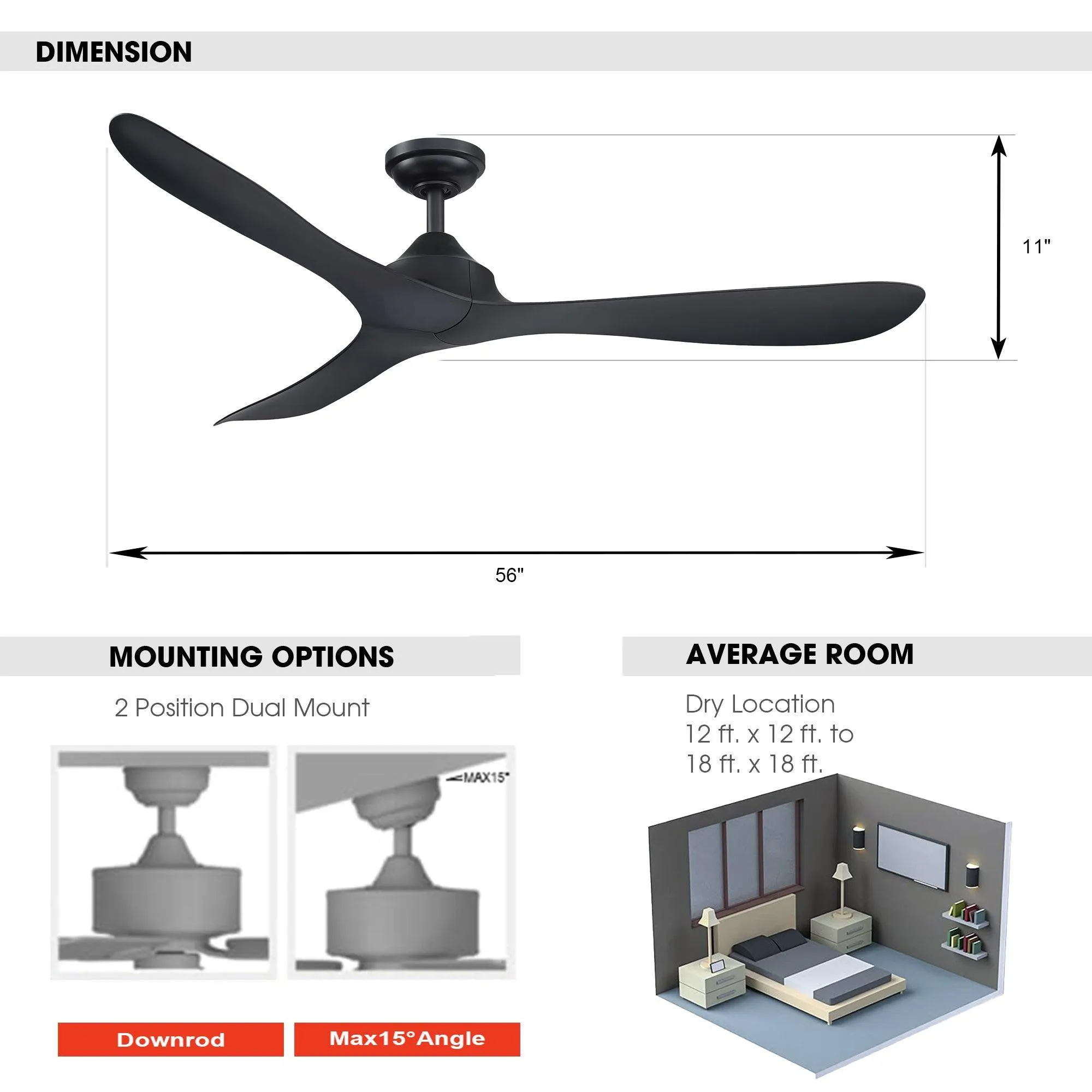 56" Modern DC Motor Downrod Mount Reversible Ceiling Fan with Remote Control