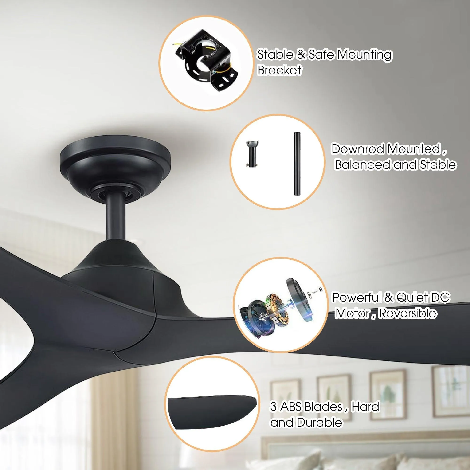 56" Modern DC Motor Downrod Mount Reversible Ceiling Fan with Remote Control