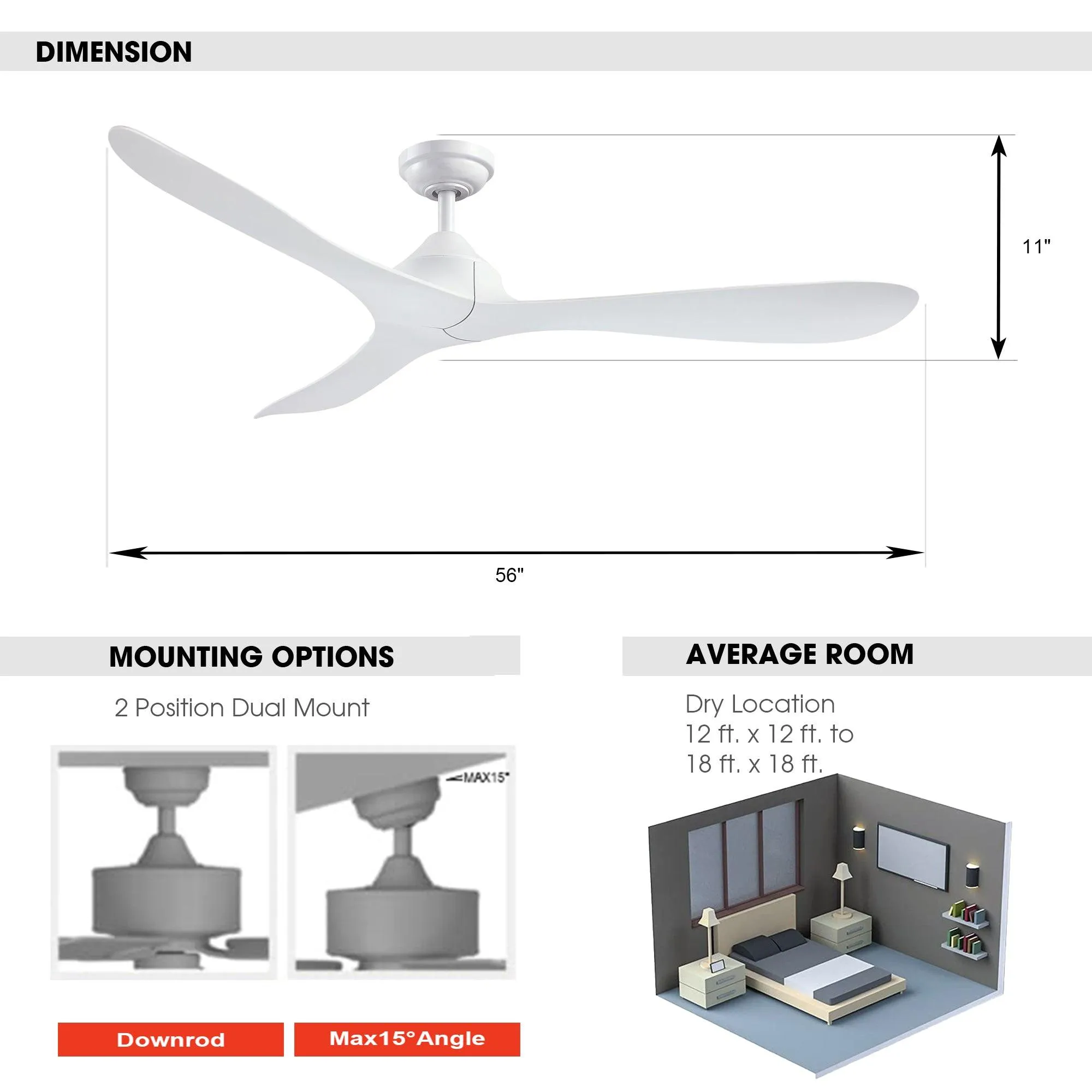 56" Modern DC Motor Downrod Mount Reversible Ceiling Fan with Remote Control