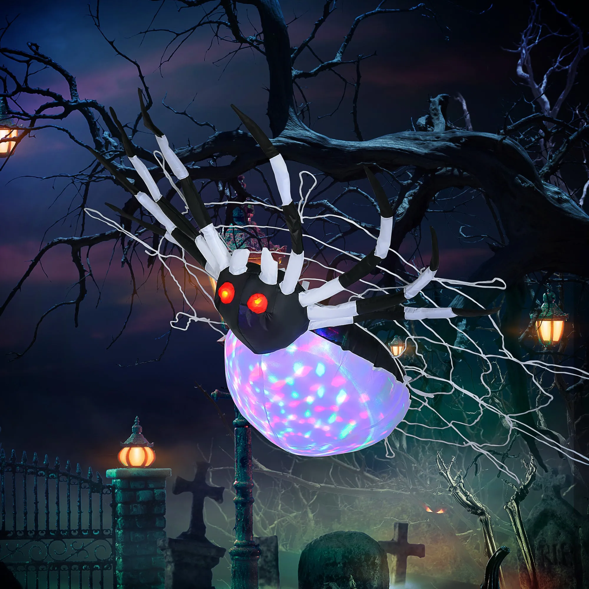 5FT Long Halloween Inflatable Spider, Hanging Giant Spider with Colourful LED Light, Blow-Up Outdoor LED Garden Display for Lawn, Party