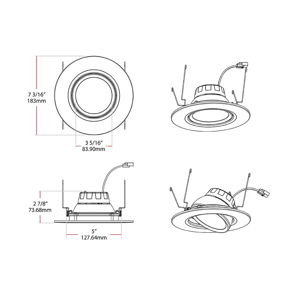 6 inch Gimbal Retrofit LED Can Light, 10 Watts, 950 Lumens, Selectable 2700K to 5000K, White Finish