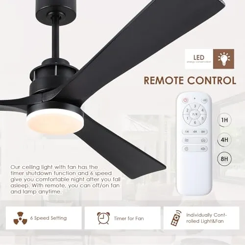 60" Outdoor Ceiling Fans with Lights and Remote, Wood Ceiling Fan with 6 Speeds and Timing, 3CCT, Farmhouse Low Profile Ceiling Fan Light Fixture for Inoodr Outdoor