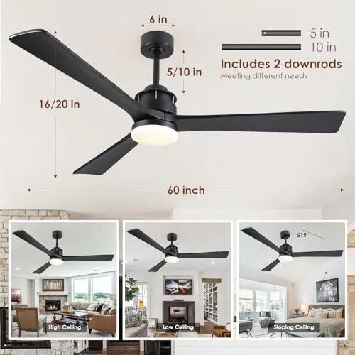 60" Outdoor Ceiling Fans with Lights and Remote, Wood Ceiling Fan with 6 Speeds and Timing, 3CCT, Farmhouse Low Profile Ceiling Fan Light Fixture for Inoodr Outdoor