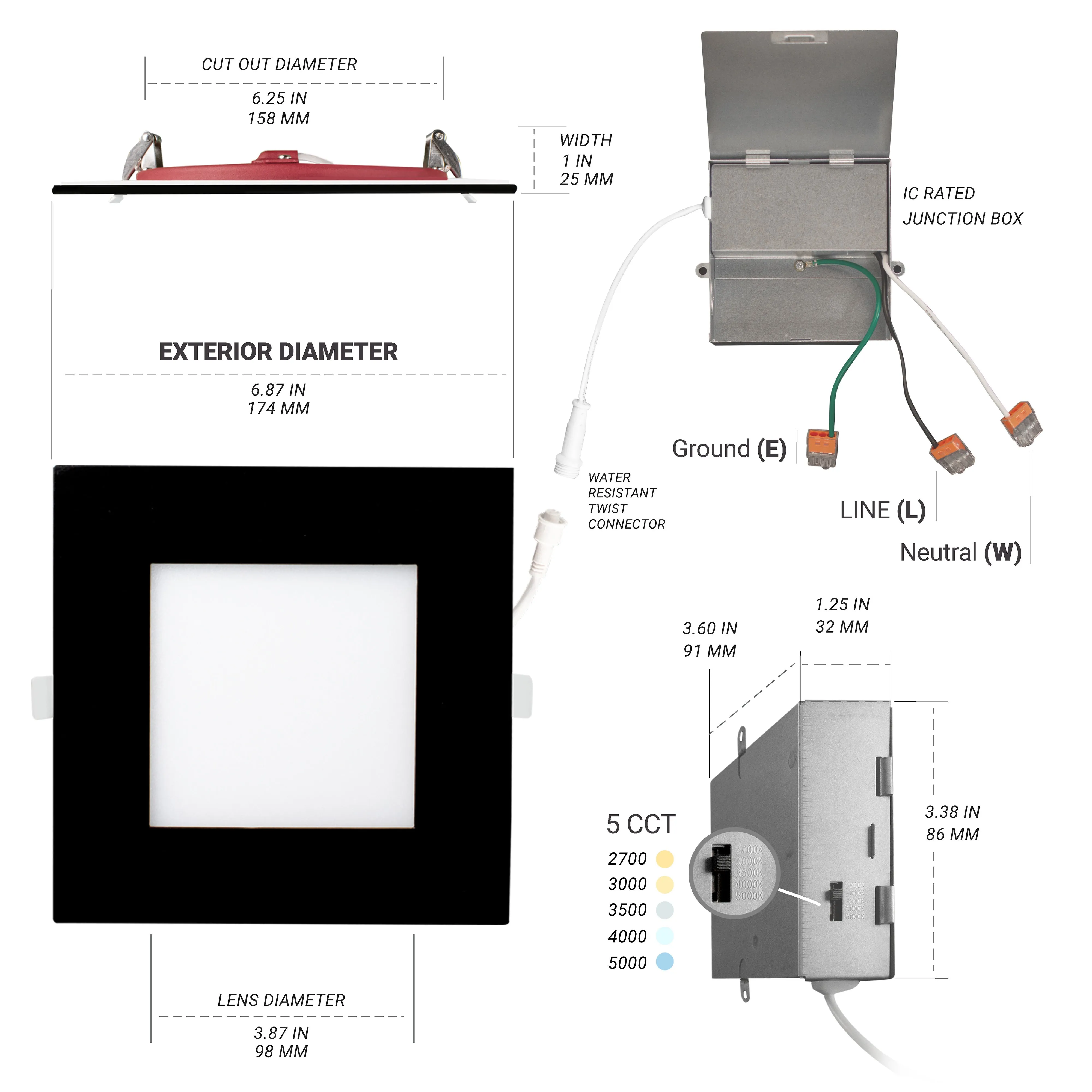 6" Inch Square Black 2 Hour Fire Rated Recessed Light Slim Canless LED Wafer Lights - Wet Rated - 5CCT 2700K-5000K - 1200LM