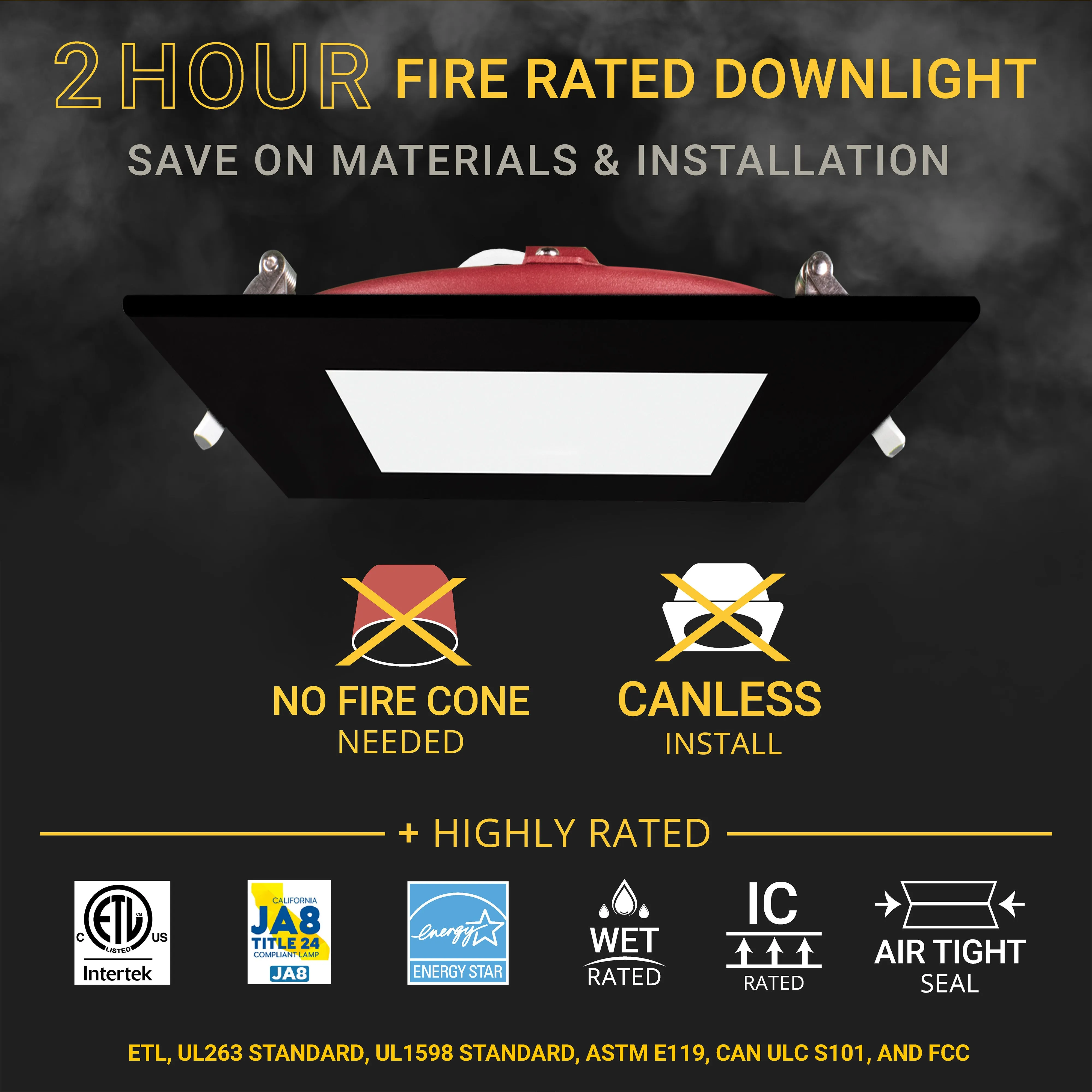 6" Inch Square Black 2 Hour Fire Rated Recessed Light Slim Canless LED Wafer Lights - Wet Rated - 5CCT 2700K-5000K - 1200LM