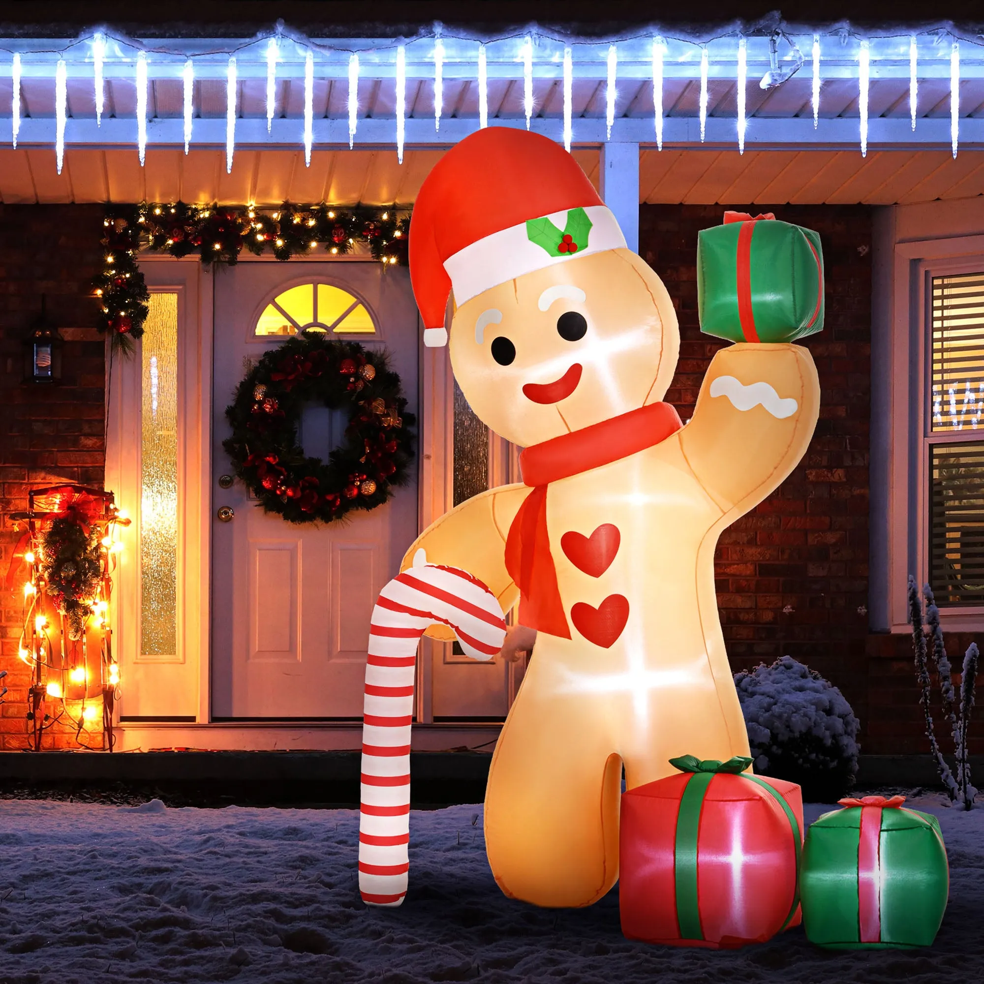 8FT Christmas Blow Up Gingerbread Man with Candy Cane for Party