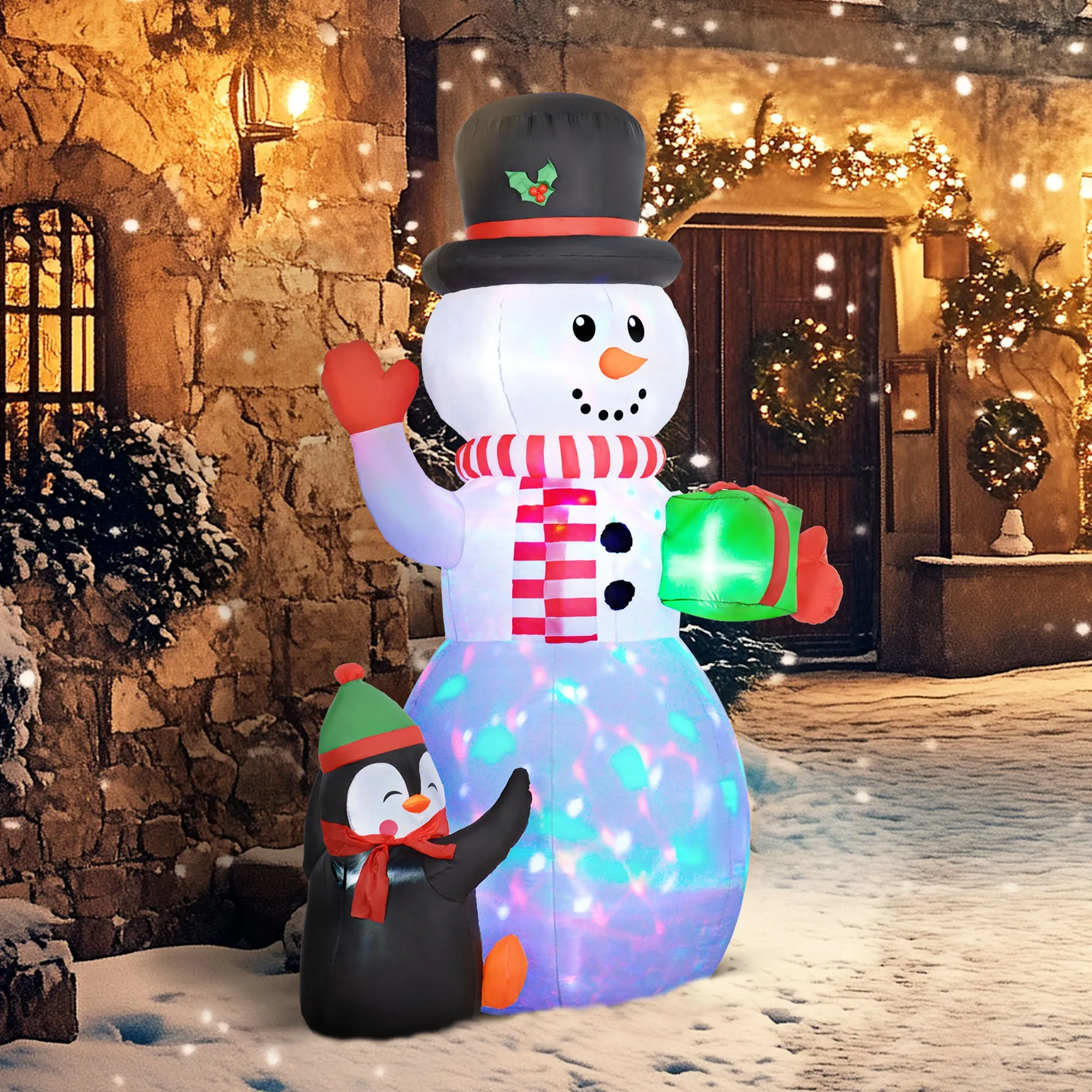 8FT Inflatable Snowman Holding Gift Box w/ Penguin and LED Lights