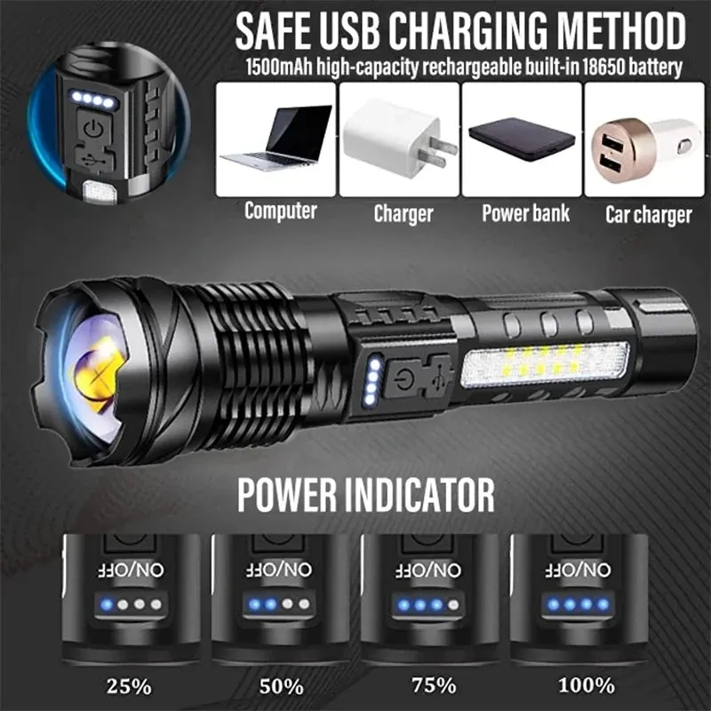 A76 XHP50 LED Flashlight – 2300 Lumens, USB Rechargeable, Waterproof, 7 Modes for Camping & Outdoor Adventures