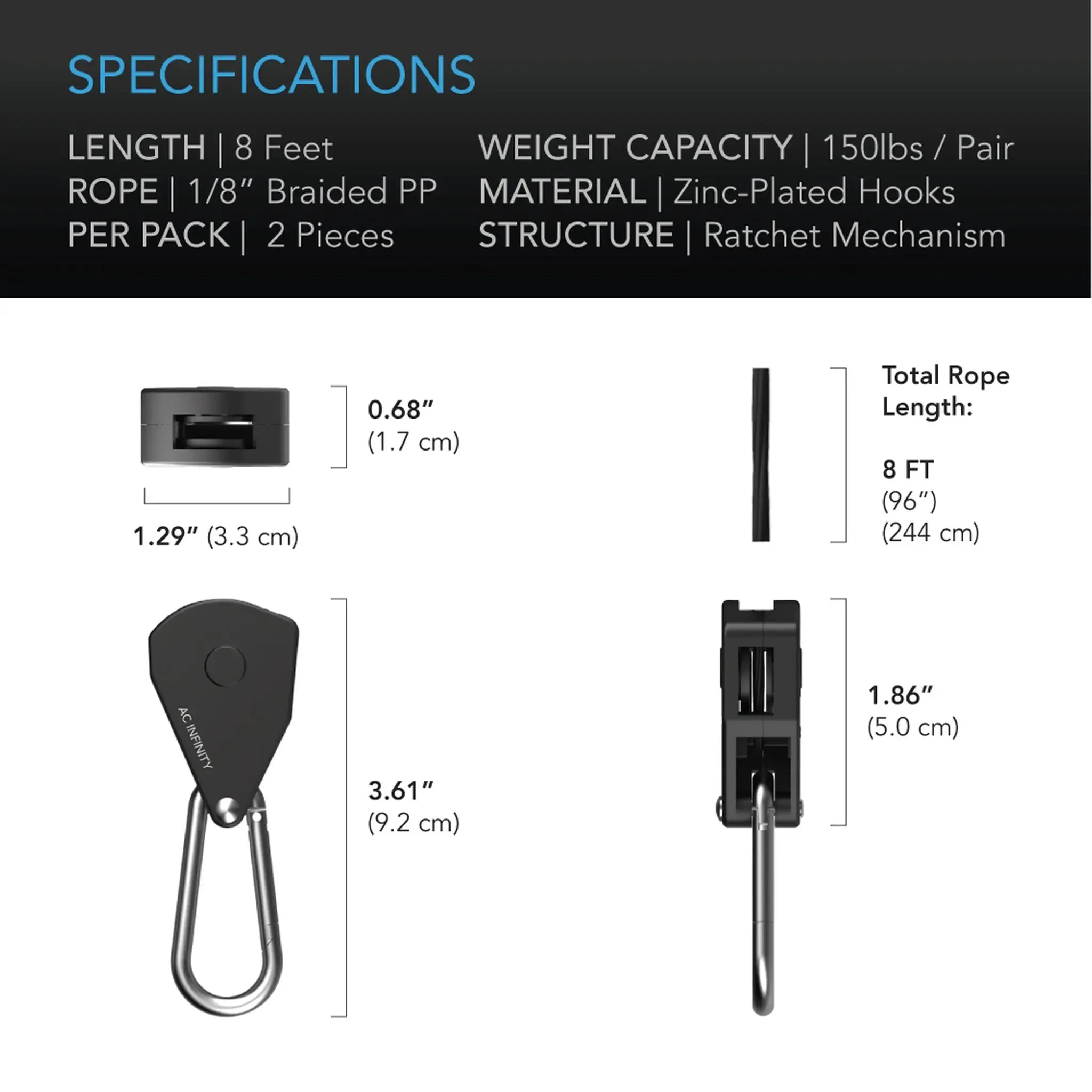 AC Infinity Heavy-Duty Adjustable Rope Ratchet Clip Hanger, One Pair