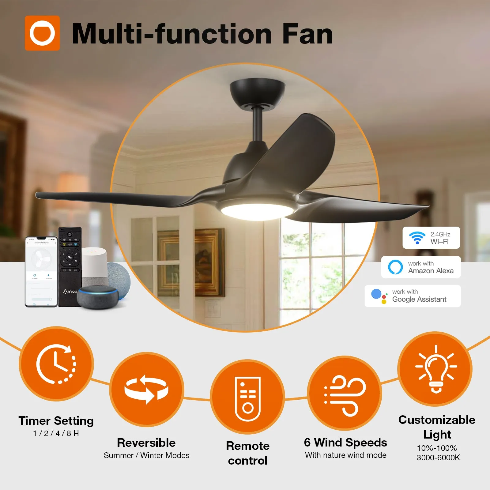 Addlon Ceiling Fans with Lights, 52 Inch Smart Ceiling Fan with Remote/APP/Alexa Control, Reversible DC Motor, 6 Speeds, 3CCT Dimmable, Noiseless, White/Black Wifi Ceiling Fan for Bedroom, Farmhouse