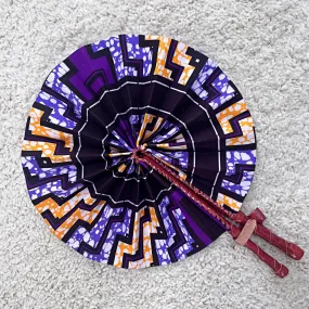 African Print Circle Foldable Handheld Fan - Purple / Orange