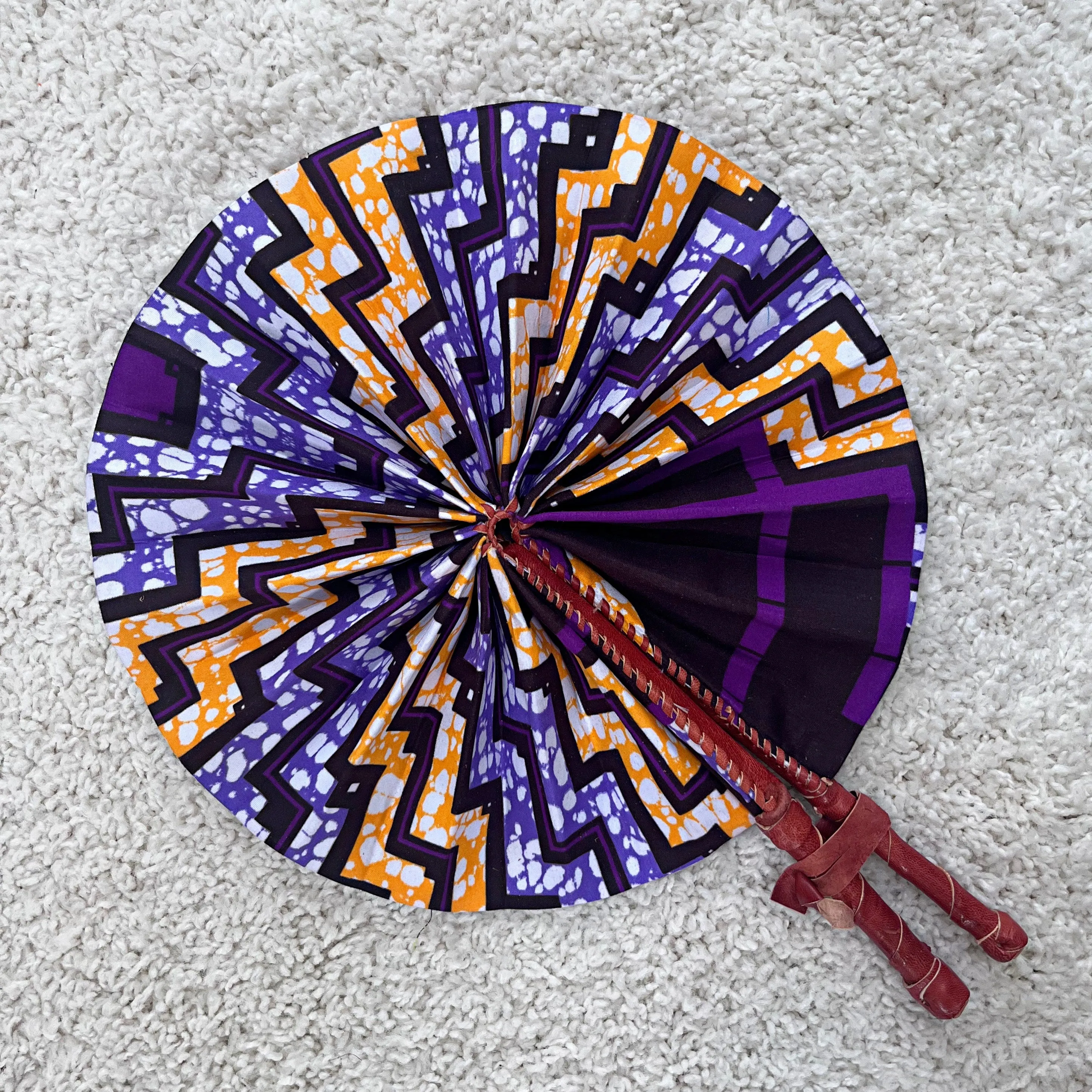 African Print Circle Foldable Handheld Fan - Purple / Orange