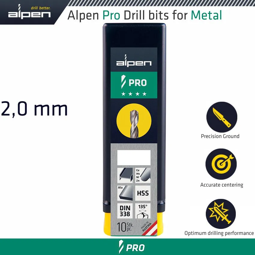 ALPEN ALPEN PRO 2.0MM HSS DRILL DIN 338 RN 135 WITH SPLIT POINT BULK ALP954002