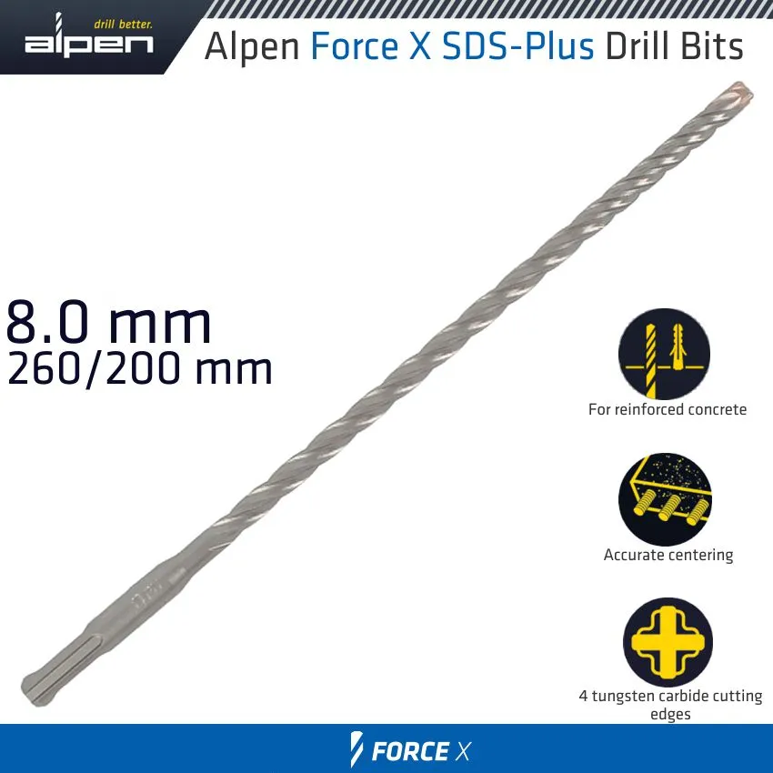 ALPEN FORCE X 8.0 x 260/200 SDS-PLUS DRILL BIT X4 CUTTING EDGES - BULK ALP765008