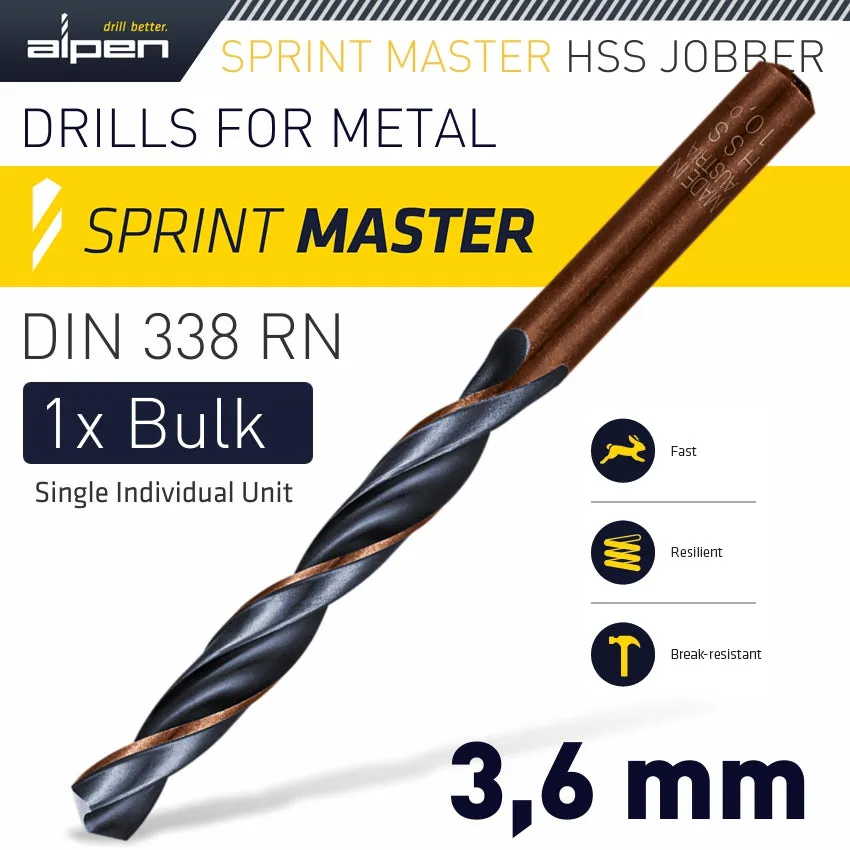 ALPEN HSS SPRINT MASTER 3.6MM BULK DIN 338 ALPEN DRILL BIT ALP6260036