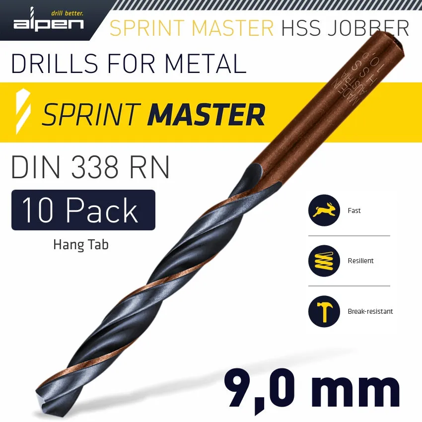 ALPEN HSS SPRINT MASTER 9.0MM 10-PACK HANG TAG DIN 338 ALPEN DRILL BITS ALP6310090