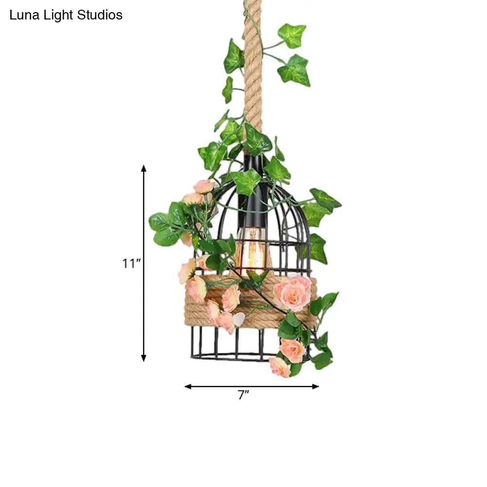 Antiqued Metal Birdcage Pendant with Rose Design and Rope Rod for Dining Room Ceiling Lighting